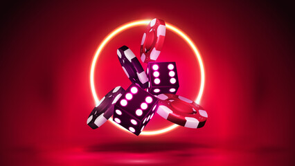 Red banner with purple neon 3D dice with red and black realistic gambling stack of casino chips in red scene with orange neon ring on background.