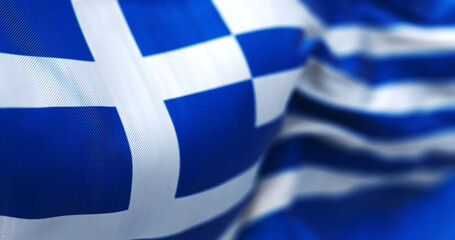 Close-up view of the greek national flag waving in the wind