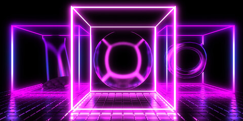 Fototapeta na wymiar 3D abstract background with neon lights. neon cubes .space construction . .3d illustration