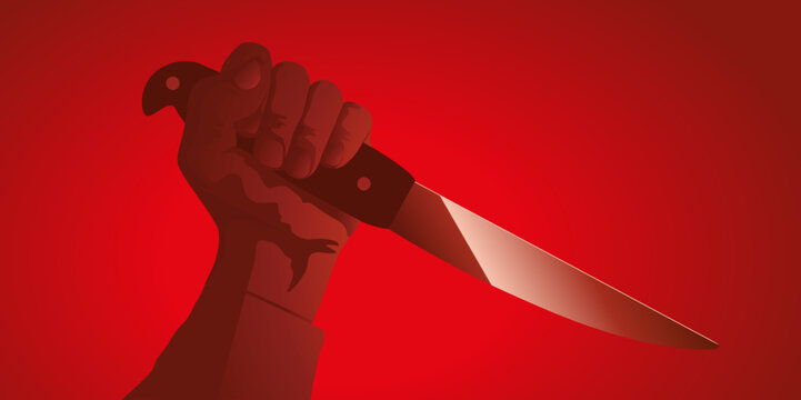Concept du meurtre et des tueurs en série avec le symbole d’une main levé qui tient un couteau, sur un fond rouge.