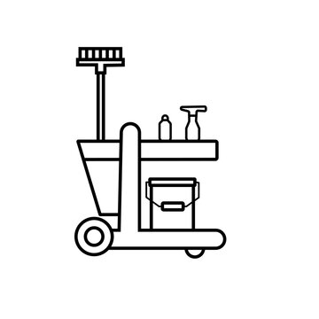 recommend clip art: Cleaning trolley line icon. Cleaning service cart. Bucket, broom, detergent, sponge, rag, sanitizer. Black outline on white background. Janitors equipment. Disinfection. Vector illustration, clip art.