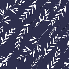Pattern of curved twigs on a blue background. Delicate floral background in dark blue and white colors. Vector seamless pattern.