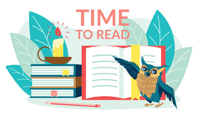 Time to read banner template.Wise owl studying school subject. Stack of books for leisure time spending. Bookstore, library, online education, ebook flat vector illustration