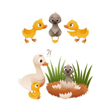 Grey Ugly Duckling Hatching from Egg Shell in Grass and Sad Creature Suffer from Bullying as Fairytale Vector Set