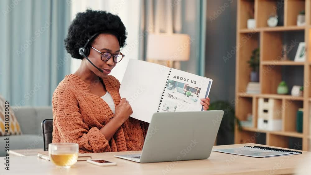 Poster call center agent, freelancer and blogger with headset talking during video call on a laptop or crea