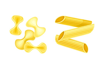 Farfalle and Penne Pasta of Wheat Flour for Cooking and Culinary Vector Set