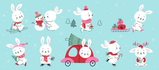 New year 2023 rabbit. Cartoon winter rabbits, sweet bunny and snowman, christmas gifts and tree. Holiday eve characters, baby animals nowaday vector collection