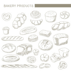 Hand drawn background of bread and bakery products. Baked goods template. Baking, bakery shop, cooking, sweet products, dessert, pastry.