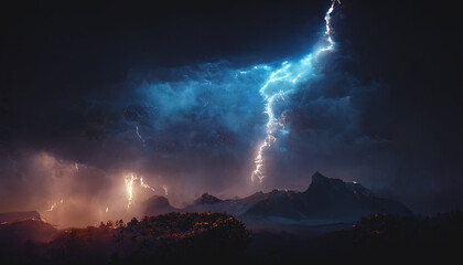 Dark dramatic stormy night sky with lightning bolts. Night.mountain landscape. Flashes of light from thunder and lightning. 3D illustration. - obrazy, fototapety, plakaty