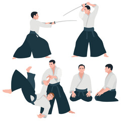 Aikido. Set of Aikido fighters. Flat design. Vector illustration on a white background.