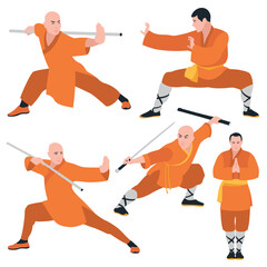 Kung Fu. Wushu. Set of Kung Fu fighters. Flat design. Vector illustration on a white background.