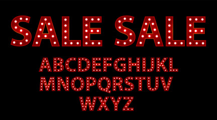 Sale sale. Red letters with luminous glowing lightbulbs. Vector typography words design. Template type font for poster.