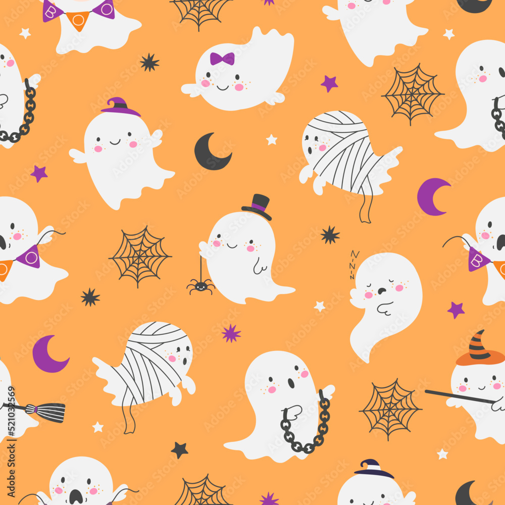 Poster Cartoon ghost seamless pattern. Ghostly party texture, creepy horror funny ghosts and spider web. Cartoon halloween nowaday vector background