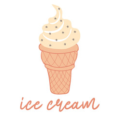 Swirled soft serve vanilla ice cream in wafers cup. Sweet dessert. Vector illustration