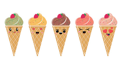 Kawaii style ice cream set, set of cute emoji icons. Hand drawn emotional cartoon characters, funny positive emotions. Vector illustration isolated on white background