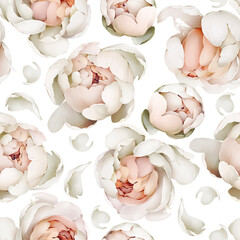 Seamless spring pattern with a bouquet of peonies. Vintage wallpaper with flowers in pastel colors