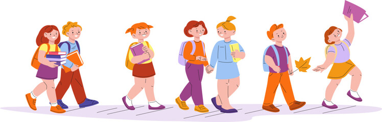 Elementary school pupils. Happy students with bag walking together, child hold books and conversation with friend. Hurry kids to classroom kicky vector concept
