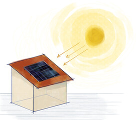 Solar energy. Illustrated diagram showing a house with a panel and the sunbeams under it. Explanatory, didactic infographic on white background. Electricity, clean and renewable energy. - obrazy, fototapety, plakaty