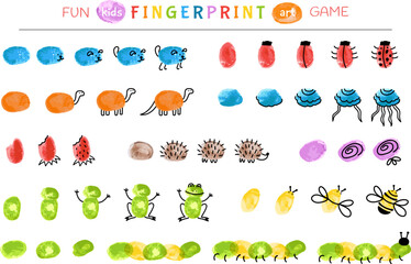 Fingerprint animal game. Step by step baby painting animals with fingers. Learning drawing, nursery fun activities in pre school or kindergarten, decent vector template