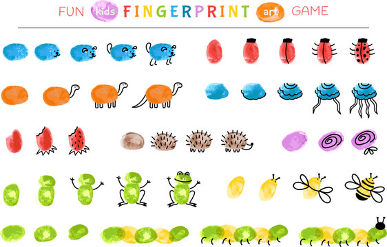 Fingerprint animal game. Step by step baby painting animals with fingers. Learning drawing, nursery fun activities in pre school or kindergarten, decent vector template