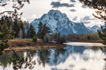 River surrounded by Trees and Mountains in American Landscape. Snake River, Oxbow Bend. Spring Season Sunset. Grand Teton National Park. Wyoming, United States. Nature Background.