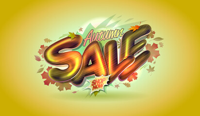 Autumn sale web banner vector template with shiny 3D lettering