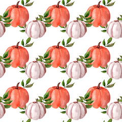 Autumn pumpkins. Ideal for autumn, Thanksgiving, holidays, fabrics, textiles. Seamless watercolor pattern.