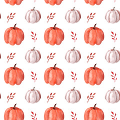 Autumn pumpkins. Ideal for autumn, Thanksgiving, holidays, fabrics, textiles. Seamless watercolor pattern.