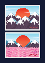A postcard set with a vibrant Japanese landscape. - 521033562