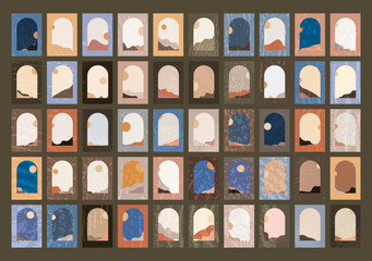 mountain landscape in the arch  window mid century modern wall art, vector set
