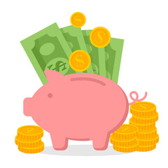 Piggy bank with coin. Icon saving or accumulation of money, investment, donat. Outline money box icon, with editable stroke. Piggy bank with dollar sign, moneybox pictogram. Piggybank, investing 