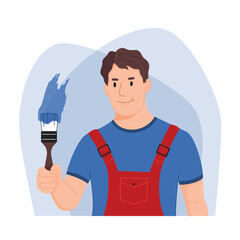 Wall protection. Man paints the walls. Repair service, painter. Vector illustration, concept, template in flat style.