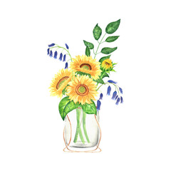 Watercolor illustration. Glass vase with sunflowers and bluebells.