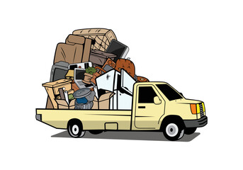 Cartoon pickup truck loaded full of household junk design illustration vector eps format , suitable for your design needs, logo, illustration, animation, etc.
