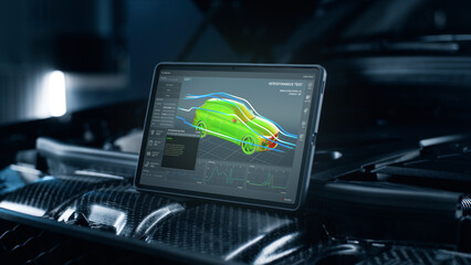 Interface application for research and testing of the aerodynamic parameters of the car body on the screen of a digital tablet computer, that stands on the car engine. - obrazy, fototapety, plakaty