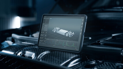 Application for remote wireless diagnostics on the screen of a tablet. Animation of a 3D model of the electric car in the process of scanning individual parts blocks of the engine highlighted in red.