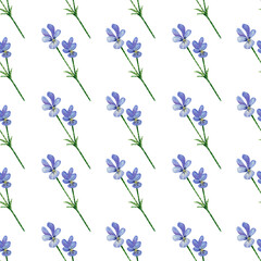 Seamless pansies wildflowers pattern. Watercolor floral background with blue and violet flowers, stem, leaves for textile, wallpapers