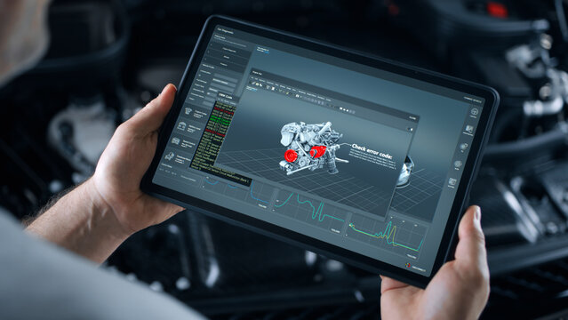 A car repairman performs wireless diagnostics of a car, scanning for errors and searching for breakdowns using a digital tablet on which a three dimensional model of the engine and problems.
