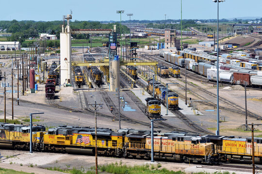 NORTH PLATTE, NEBRASKA - USA - AUGUST 1, 2020: Union Pacific Railroad locomotives being serviced at the Bailey Yard facility.