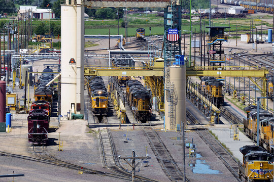NORTH PLATTE, NEBRASKA - USA - AUGUST 1, 2020: Union Pacific Railroad locomotives being serviced at the Bailey Yard facility.
