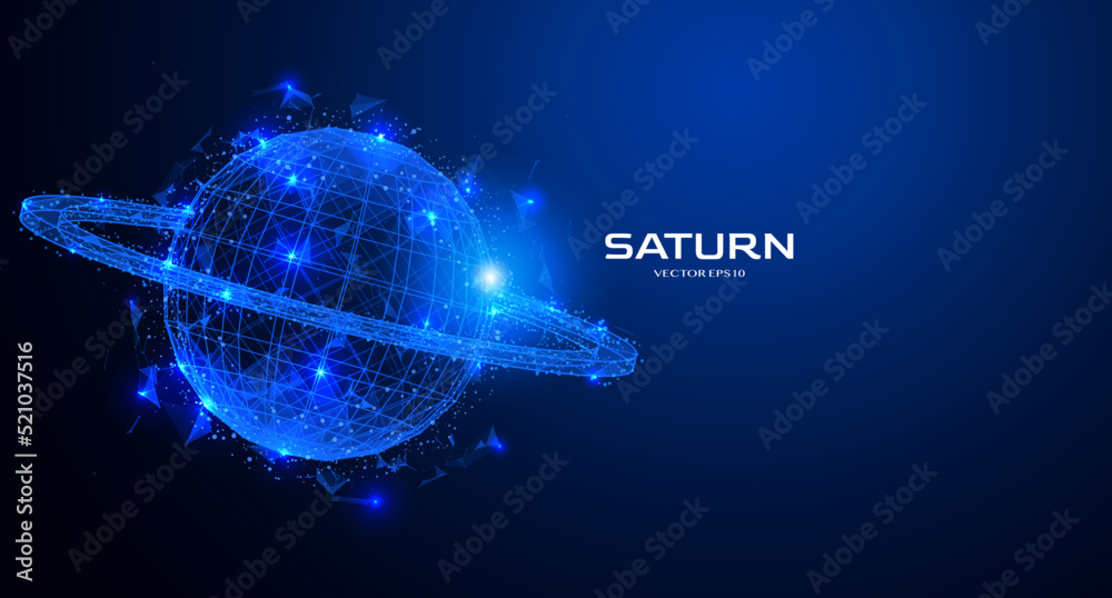 Leinwandbilder Abstract futuristic digital Saturn planet triangle and dots particle in copy space vector. Low poly sphere with blue glowing scifi technology background.