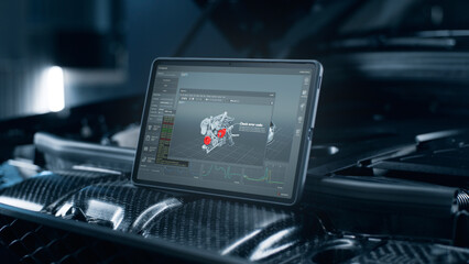 Process of wireless scanning and error analysis in a modern application on the tablet screen. The animation shows the projection of the internal combustion engine.