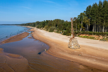 old ruins of Kurmrags Lighthouse on the shore of the Rigas Gulf, Baltic sea, Latvia - obrazy, fototapety, plakaty