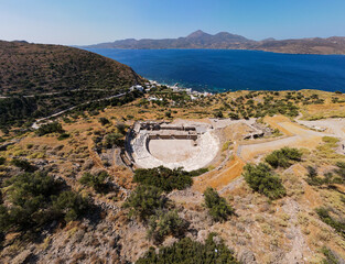 horizontal panoramic aerial shot drone of ancient roman theater in the Tripiti village at Milos...