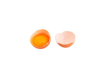 Broken chicken egg on a white background. Fresh chicken egg