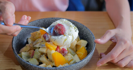 Ice cream with fruit, strawberry, banana, apple