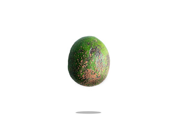A green avocado is floating above the ground on a white background.