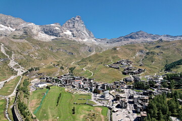 Panoramic view from above the village of Breuil-Cervinia with the Matterhorn in the background....