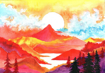 Watercolor painting of landscape scenery of distant hills in red colors. Traditional artwork.
