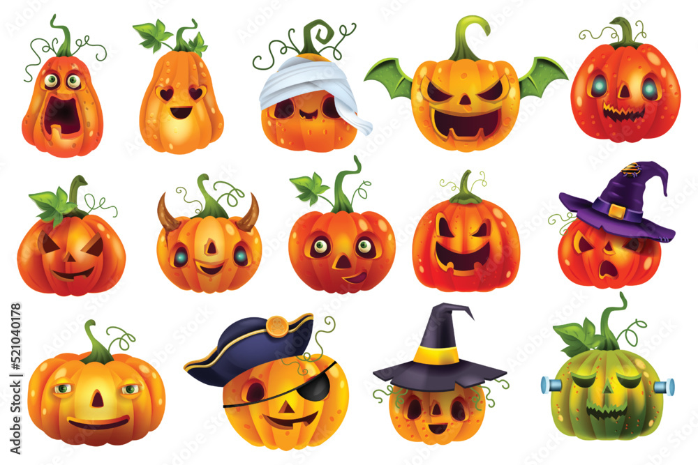 Wall mural Halloween pumpkin vector set, orange happy cartoon lantern laugh festive element, scary carving face. Spooky funny expression, cut mouth, evil eyes, witch hat. Halloween pumpkin season holiday clipart